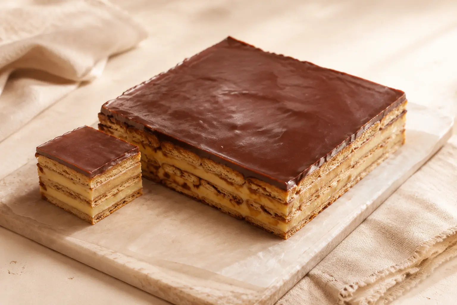 Tarta de la abuela cuadrada con capas de galleta, crema y chocolate